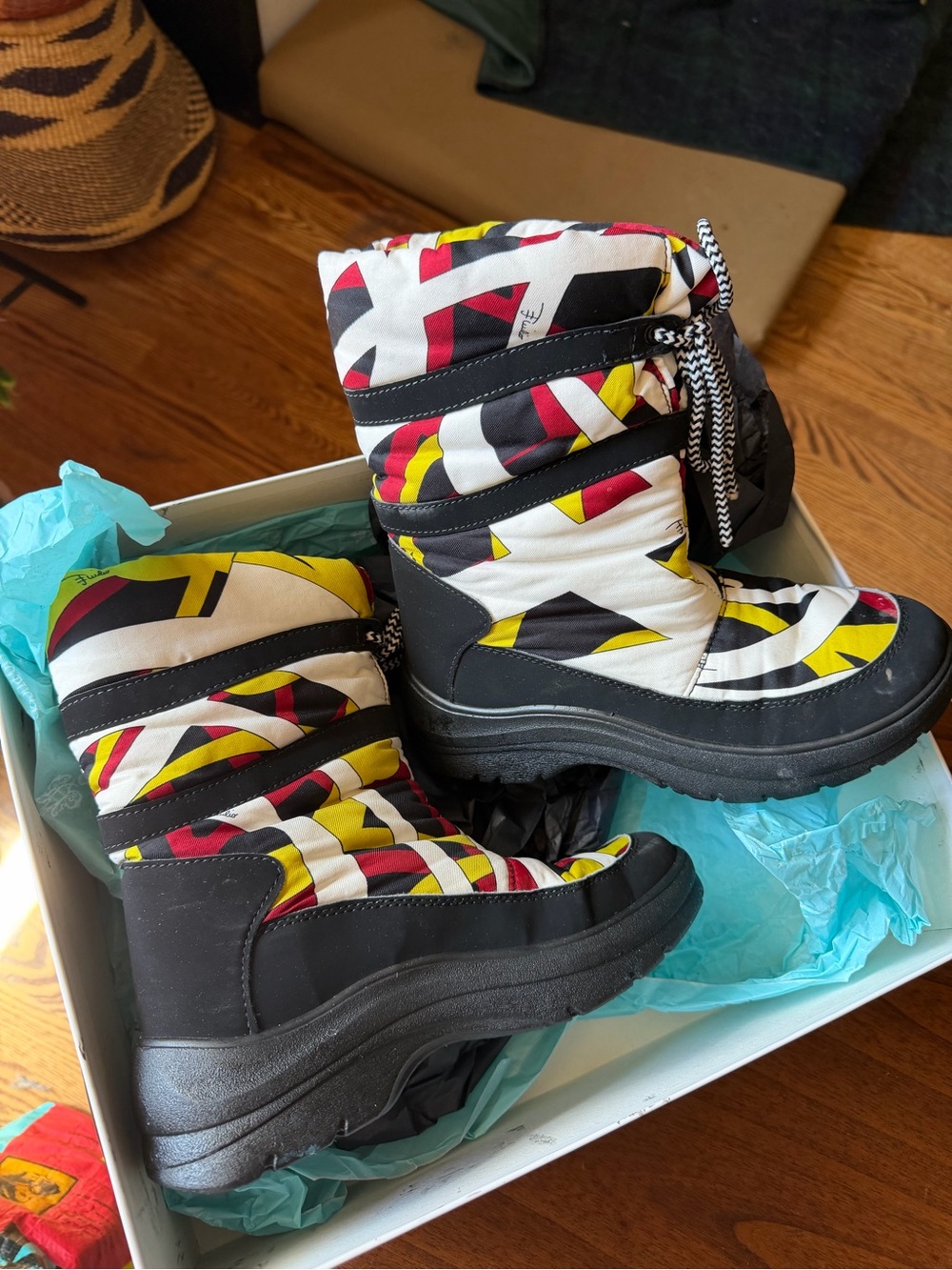 Emilio Pucci Black, White, Yellow & Red Patterned Winter Boots